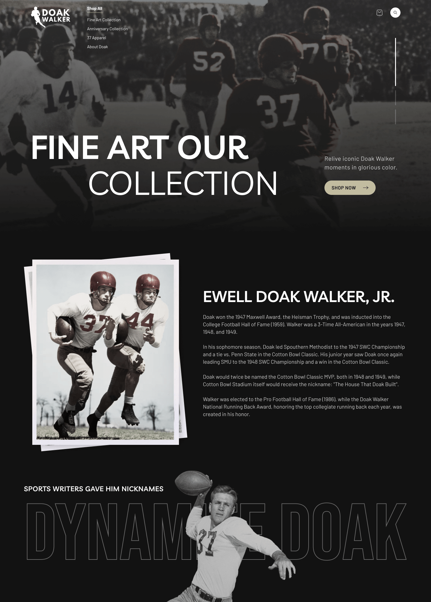 A vintage-style webpage featuring images and text about Doak Walker, a notable football player, showcases unlimited graphic design finesse. With black-and-white photos of him in action and details on career highlights, the bold layout evokes nostalgia while celebrating his legacy.