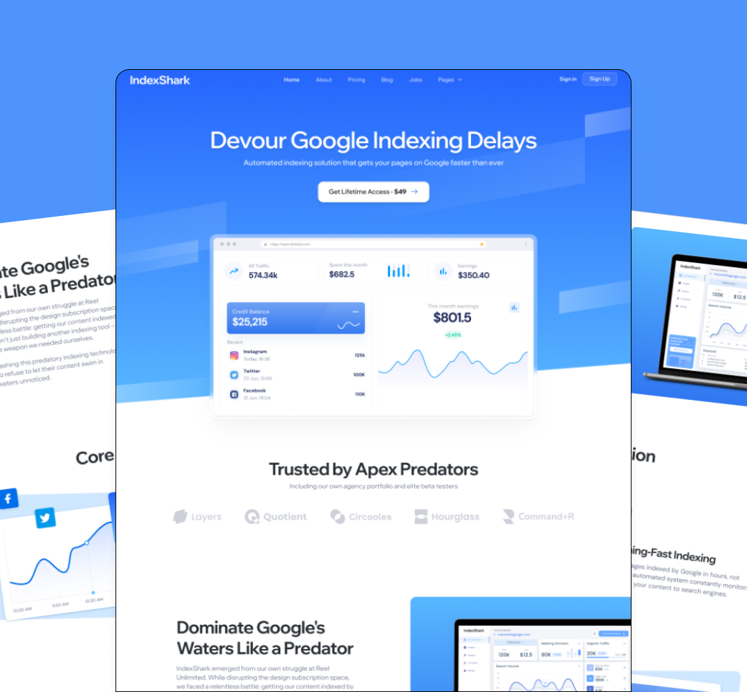 Screenshot of a webpage for IndexShark, featuring a blue gradient background. The main heading says Devour Google Indexing Delays. A graph and metrics are displayed, along with a call-to-action button offering lifetime access akin to an unlimited graphic design service.