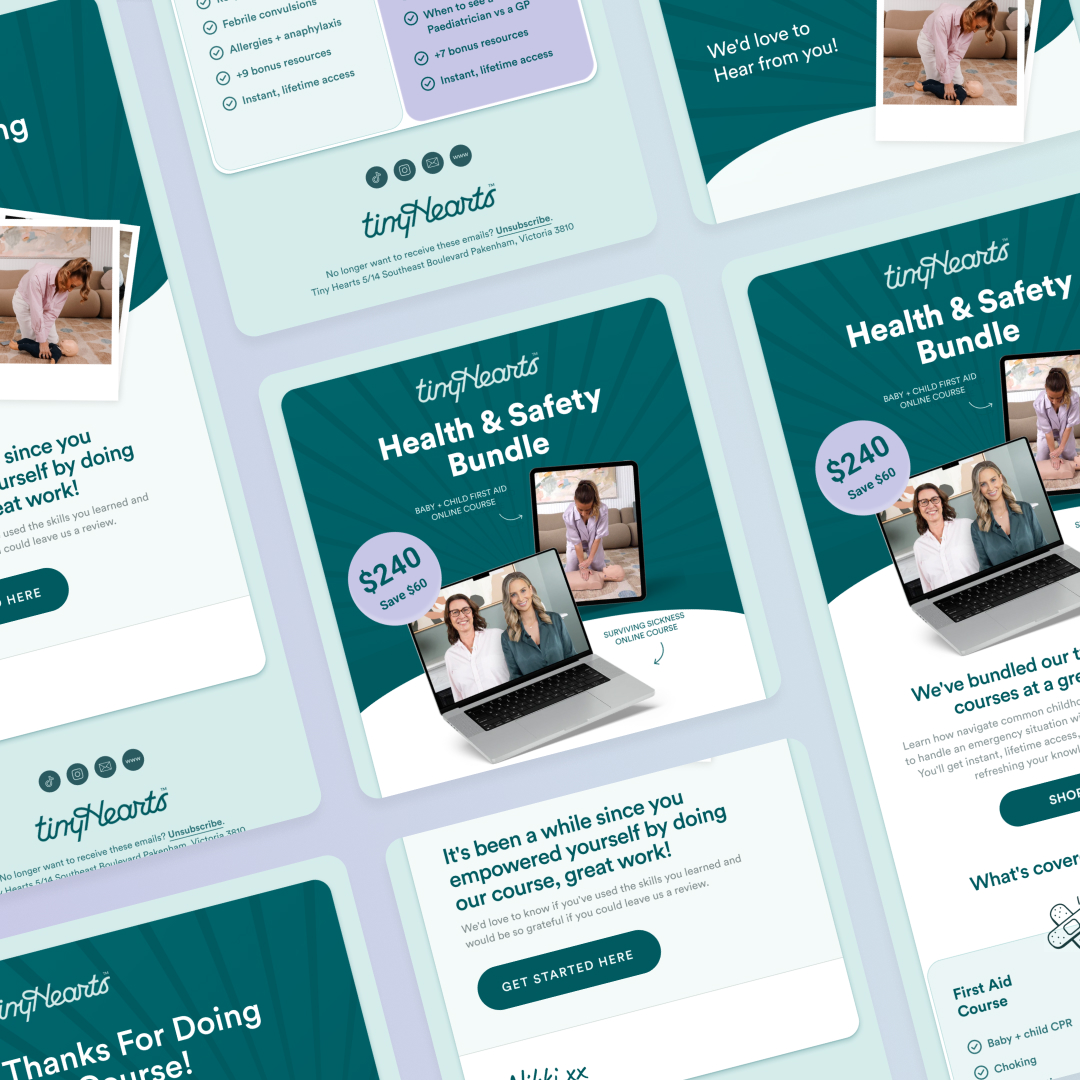 Small Business 10 A set of eight cards promotes the tinyHearts Health & Safety Bundle, highlighting its value with images of people and a laptop showcasing online courses. With teal backgrounds and bold text, its an offer as flexible as an unlimited graphic design subscription.