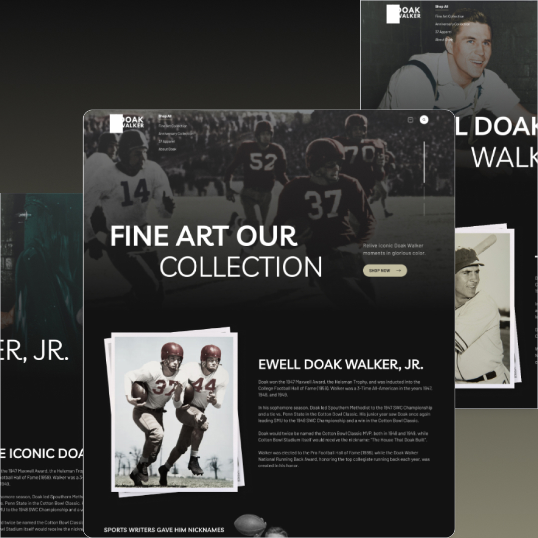 A digital display showcasing a collection of fine art centered around Ewell Doak Walker, Jr. features a blend of vintage football images and career text. Subscribers to our unlimited graphic design service can access exclusive sports designs and curated content.